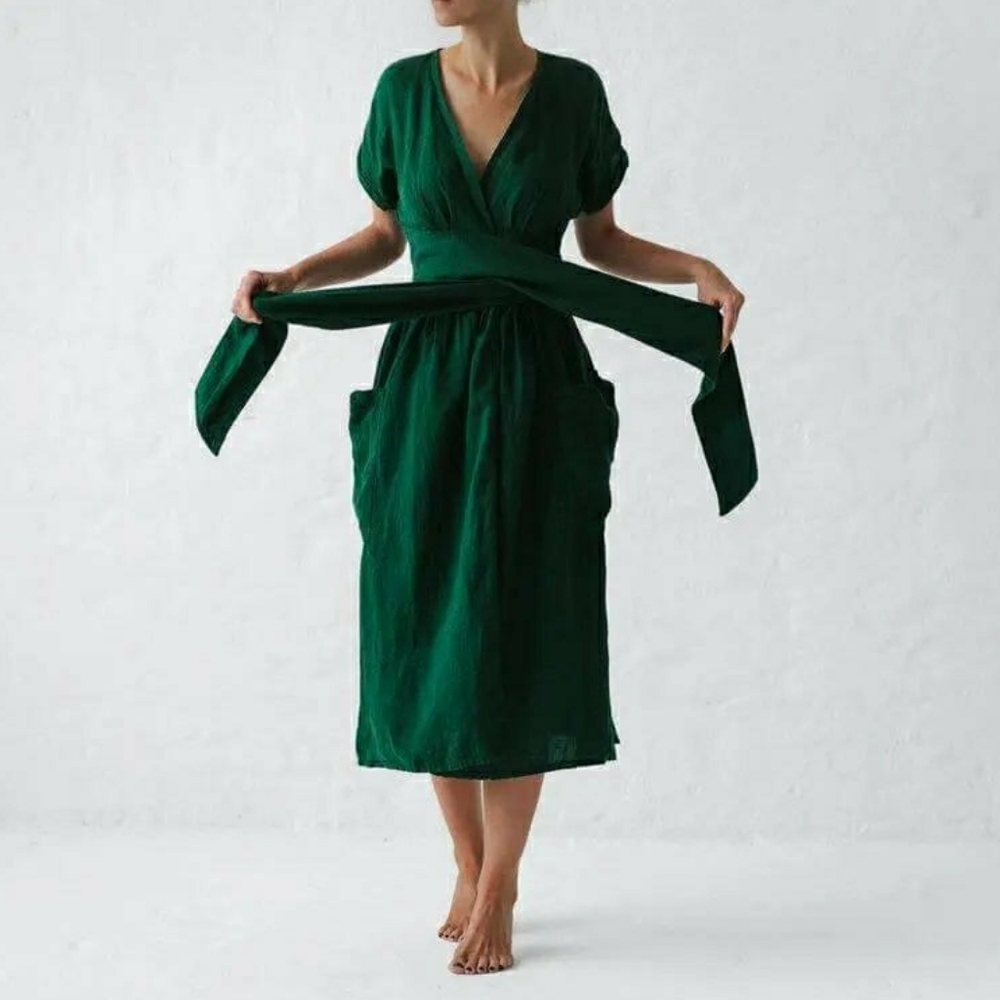Seaside Tones Linen Kimono Wrap Dress - Picture 3 of 11